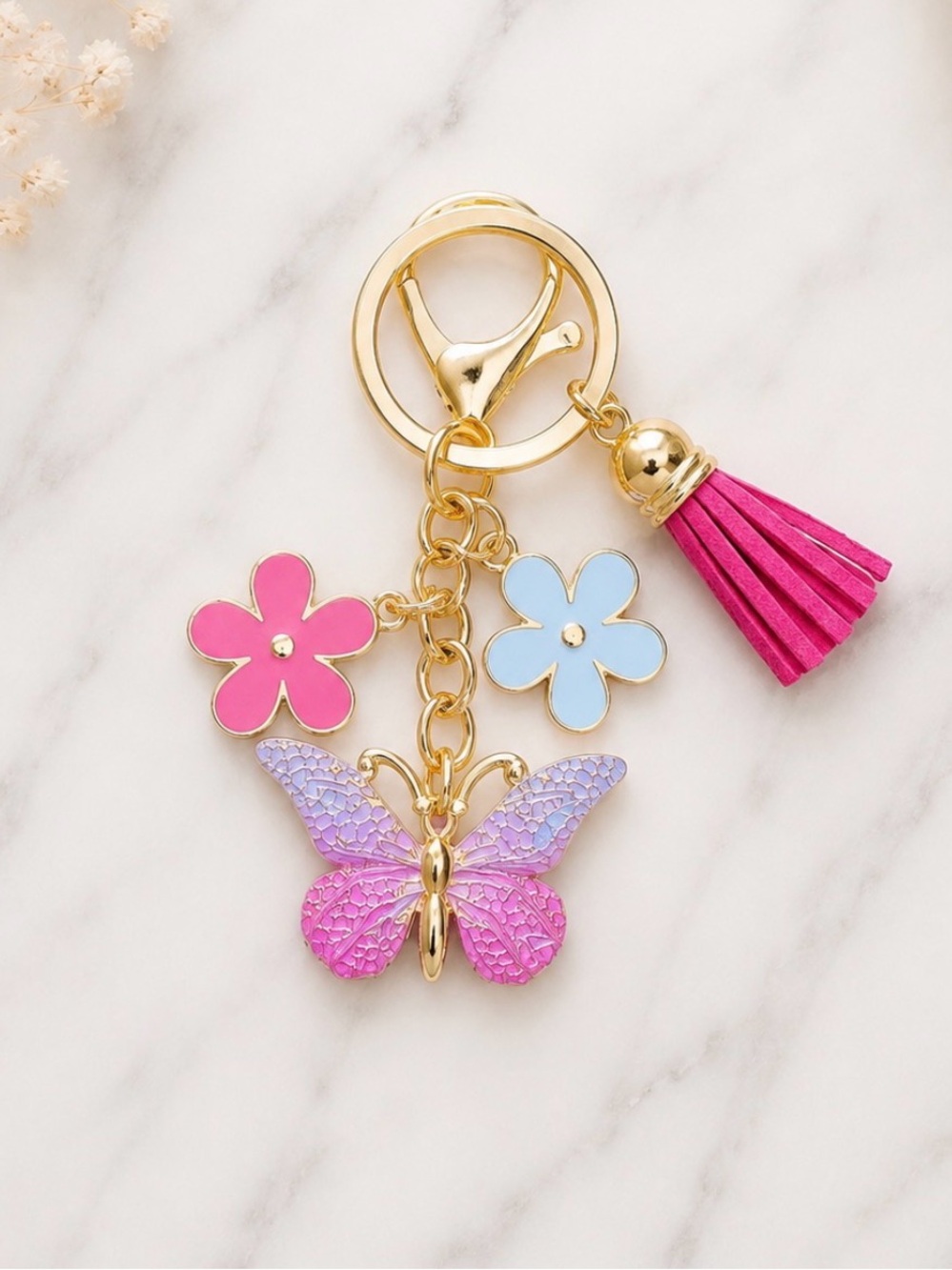 Pink Butterfly Bag Charm Keyring With Flower & Tassel Accent-Gold Hardware
